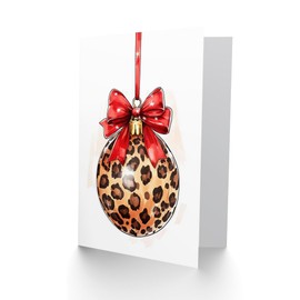 Artery8 Single Leopard Print Bauble Red Bow Watercolour For Her Woman Christmas Card