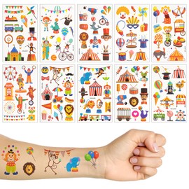 10 Sheets Circus Tattoo Children, Temporary Tattoos for Children, Clown Party Bags, Children's Birthday, Circus Children's Tattoos, Waterproof Stickers for Girls and Boys