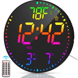 Kasbin 12 Inch Large Digital Wall Clock with Remote Control, RGB Color, Alarm, Timer, Date, Temperature, LED Display for Classroom, Living Room, Bedroom, Gift for Elderly (Black Mirror, 12")