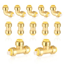 12-Pack GUOFIS 1/2Inch Push-fit Combo Fittings-5PCS Coupling+5PCS Elbow+2PCS Tee, Push to Connect Pex, Copper, CPVC, with Disconnect Clip