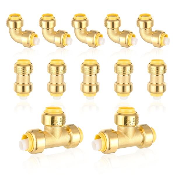 12-Pack GUOFIS 1/2Inch Push-fit Combo Fittings-5PCS Coupling+5PCS Elbow+2PCS Tee, Push