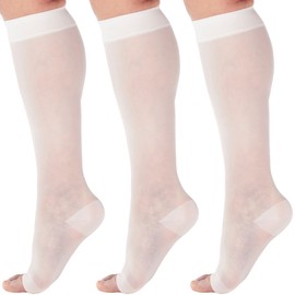 (3 Pairs) Made in USA - Sheer Compression Stockings for Women 15-20mmHg - Compression Socks with Open Toe for Varicose Veins Circulation, Pregnancy, Embolism - White, X-Large - A111WH4-3