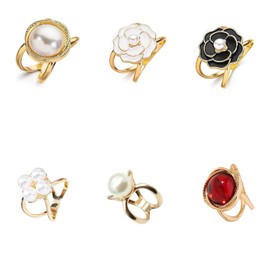 Women's Pearl Floral Scarf Ring Clip, 7PCS Camellia Scarf Buckle for Lady Girls Decoration Accessories (24mm, 34mm)