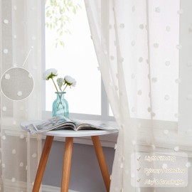 Beauoop Grey Voile Chiffon Sheer Window Curtain Panels Embroidered with Pom Pom Juvenile Window Drapes Elegant Eyelet Window Treatment for Living Room Bedroom Girls Room, Set of 2, 54" W x 90" L, Grey