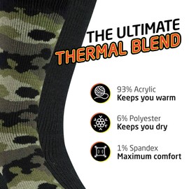 HOT FEET Thermal Socks for Men 2/4 Pack, Extreme Cold Boots Socks -Winter Insulated Socks, Cold Weather Size 6-12.5, 2 Pack, Green Camo/Solid Black