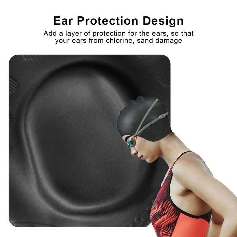 Unisex Silicone Swimming Cap with 3D Ear Protection, Keep Hair