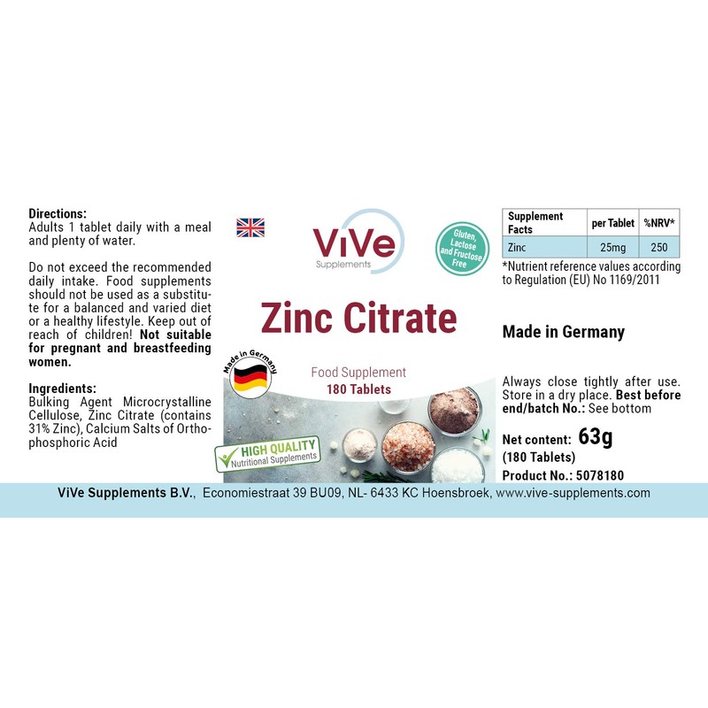Zinc Tablets, 25 mg Made of Zinc Citrate, 180 Tablets,