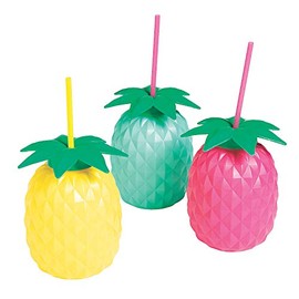 Fun Express Set of 6 Pieces Pineapple Shaped Cups with Straws, Each Holds 24 oz, BPA Free PLastic, Luau and Tropical Party Supplies, Multi-Color