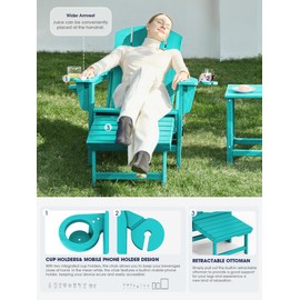 KINGYES Folding Adjustable Adirondack Chair with Ottoman & 2 Cup Holders, HDEP Multifunctional Adirondack Chair with Footrest, Aruba