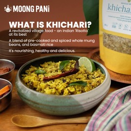 KHICHARI - Indian Risotto • SPROUTED, COOKED, and SPICED Whole Mung • Par-boiled Basmati Rice • Vegan • Gluten-free, 100% Natural • Ginger, Turmeric • Ayurvedic • Add water & simmer - ready in 20 mins • 5-6 servings