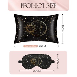 Miss Adola Mulberry 1Pack Silk Pillow Case for Hair and Skin 19 Momme Standard 75 x 50cm Silk Pillowcase with Eye Mask & Scrunchie Soft Silk Pillowcase Sleeping Gift for Women, Black Sun Moon