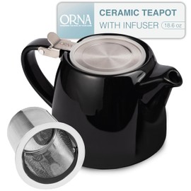 ORNA Ceramic Teapot with Tea Infuser – Small Tea Pot for Loose Leaf Tea – 550ml / 18.6 Oz Porcelain Non-Stove Teapot for 2 Cups with Tea Strainer (Black)