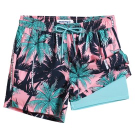 maamgic Mens Swim Trunks with Compression Liner 5" Stretch Beach Shorts Quick Dry with Zipper Pockets No-Chafing Board Shorts Pink- Black Palm L