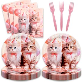 Juego de 48 decoraciones para fiestas de cumpleaños con temática de gatito con platos, servilletas, tenedores, suministros para fiestas de cumpleaños para 16 invitados