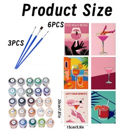 9 PCS Retro Cocktail Paint by Numbers Kit for Adults, Cocktail Paint by Numbers with 6 Canvases and 3 Brushes, 15x20cm Cocktail Paint by Numbers Kit for Home Decor, Stress Relief and Gift Giving