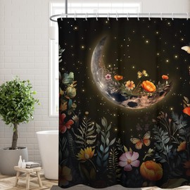 RTFEVG Moon Shower Curtain Large Extra Long Moonlit Floral Witchy Witch Black Starry Night Plant Goth Gothic Fabric Cloth Bathroom Decor Set 72x84 inch Polyester Waterproof 12 Hooks