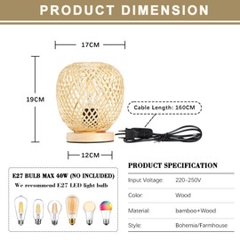 Bamboo Braided Desk Lamp, Boho Table Lamp Vintage, Wooden Base, Handmade, Creative, E27, Decorative Desk Lamp Retro, for Bedroom, Dining Room, Wedding, Party, Indoor and Outdoor Use