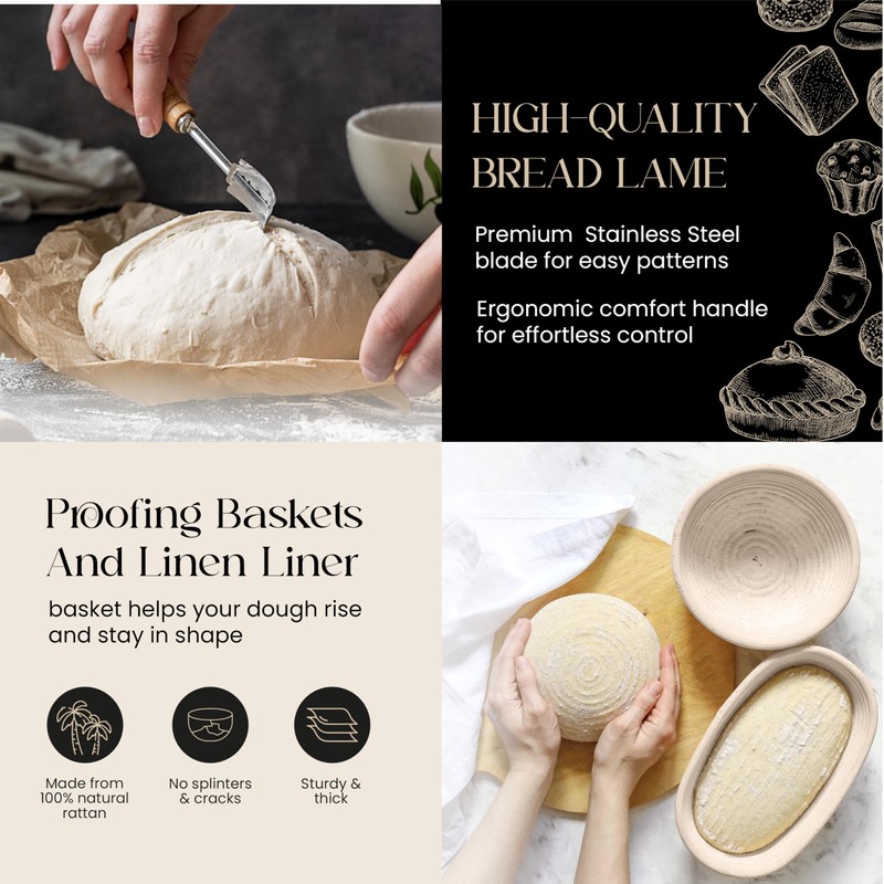 Banneton Bread Proofing Basket Set Sourdough Starter Kit 9"Round 10"Oval