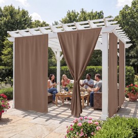 RYB HOME No-Rod Windproof Outdoor Curtains for Patio Waterproof with Adhesive Tape & Back Tab Bottom, Sun Blocking Privacy Curtains with Rope for Gazebo Porch Pergola, Mocha, W 52 x L 108, 2 Panels