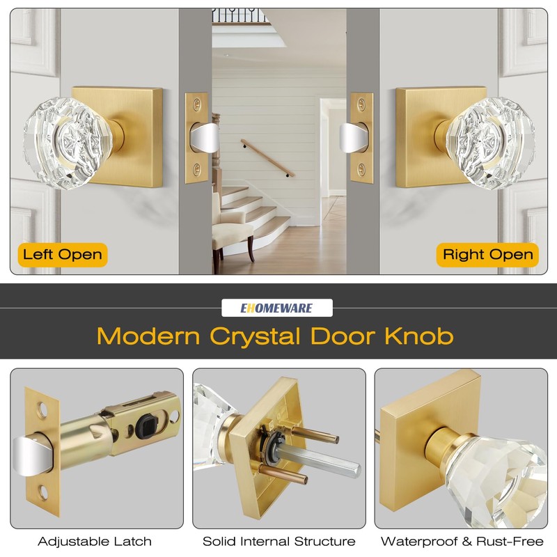 EHOMEWARE Hall/Closet Passage Door Knobs, 2 Pack Brass Crystal Handles,