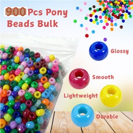900 Pcs Pony Beads Bulk 6x9mm Plastic Craft Kandi Beads Set Assorted Colors Hair Beads 4mm Hole Suitable for Jewelry Making DIY Keychains Hair Braids Bag Charms Art Craft Supplies