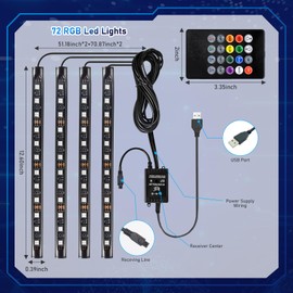 Melofo Car LED Strip Light 4 in 1 Waterproof RGB Car Interior Lighting with 72 LEDs 8 Colors, Sound Sensor and Remote Control USB Port Car Charger Atmosphere Light Bar, Valentines Gifts for Men Women