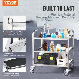 VEVOR Stainless Steel Cart, 3 Layers Lab Utility Cart 400 lbs Weight Capacity, Medical Cart with Lockable Universal Wheels, for Lab, Clinic, Kitchen, Salon