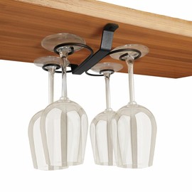 GeLive 9-inch Under Cabinet Wine Glass Holder Stemware Rack Glass Storage Hanger With 4 Hooks Organizer for Kitchen Bar RV (Black)