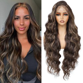 Yacurcur 13x6 Lace Frontal Wig Long Boby Wave Wigs Pre-Plucked Hairline with Baby Hair Transparent Lace Heat Friendly Synthetic Lace Front Wavy Wigs for Women Christmas Gift 32 Inch (4/27)