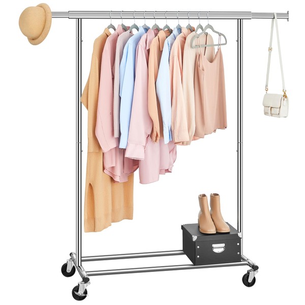 SONGMICS Clothes Rack with Wheels, Heavy-Duty Clothing Rack for Hanging Clothes, Portable Garment Rack, with Extendable Hanging Rail, 198 lb Load Capacity, Silver UHSR13SV1