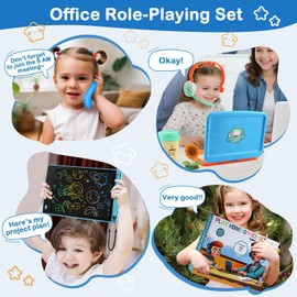 Pretend Play Home Office Set for Kids, Features Toy Laptop Computer, LCD Writing Tablet, Toy Phone, Headset, Sunflower & Coffee Cup, Toys Gifts for Boys Girls Age 3-5-7