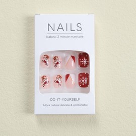 Christmas Nails Press on Nails Short Square Nails Red White French Tip Fake Nails Glue on Nails Cute Reindeer Snowflake Acrylic Nails Design Full Cover False Nails for Women Girls DIY Xmas Nail Decor
