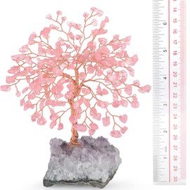 MASGEMES Rose Quartz Crystal Tree of Life,Natural Gemstone Tree with Amethyst Cluster Base,Feng Shui Decor Bonsai Money Tree,Healing Crystal Positive Energy Gift Size 5.5"-6.3"