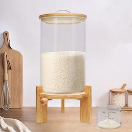 DYNAMI 7.5L/2Gal Glass Rice Dispenser with Airtight Lid,Glass Cereal Dispenser w/Bamboo Stand and Measuring Cup,Bamboo Lid with Thermometer & Silicone Seal Ring,for Kitchen Organization Pantry Store
