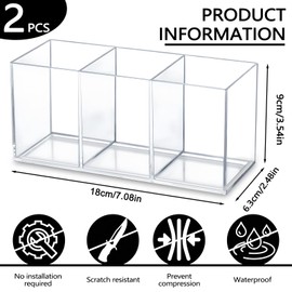 Thatyro 2 Pack Clear Makeup Brush Holder, 3 Compartment Pen Organizer, Acrylic Silverware Caddy for Storage Desk Vanity Pencil Utensil Marker Cutlery (Clear)
