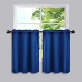 Mrs.Naturall Cortinas cortas color azul real para cocina, 2 piezas, bolsillo para barra, bloqueo de luz, oscurecimiento de la habitación, cortinas térmicas de nivel mini opacas para ventanas de baño pequeñas, 34 x 36 pulgadas de largo