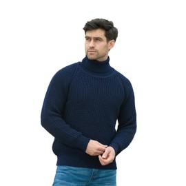 Aran Crafts Men's Irish Cable Knitted Wool Rib Roll Neck Sweater (R761-XXL-NAVY)