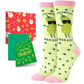 Funny Christmas Socks for Women - Big Dill Pickle Gifts for Teen Girls with Greeting Card, Fun Crazy Stocking Stuffers