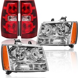SAFAUTOPARTS OE Style Tail Light Assembly & Headlights Combo for 2007-2014 Chevy Tahoe Suburban Taillight Headlamp Replacement Assembly,Chrome Housing Amber Side Headlights