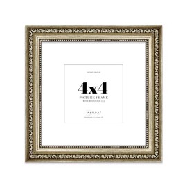 4x4 Champagne Silver Ornate Photo Frame With White Mat For 2x2 Picture, Ready to Hang or Stand, 1 Pack