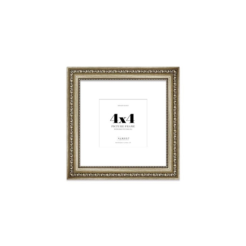 4x4 Champagne Silver Ornate Photo Frame With White Mat For