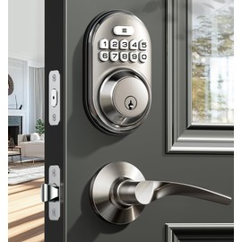 Veise Keyless Entry Door Lock with 2 Lever Handles - Electronic Keypad Deadbolt, Auto Lock, Back Lit & Easy Installation Design, Front Door Handle Sets, Satin Nickel