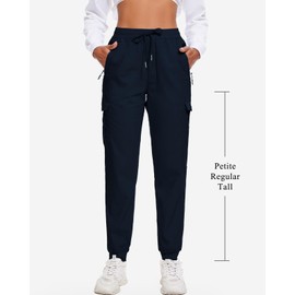 LadyJoy Cargo Pants Women Hiking Cargo Joggers for Women Ankle Lightweight Summer Scrub Parachute Linen Pants with Pockets Golf Travel Quick Dry Elastic Waist Drawstring 29'' Navy Blue M