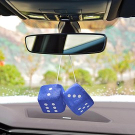 WINUERK Pair Fuzzy Dice for Rear View Mirror, Retro Hanging Dice for Car Mirror, Blue Car Interior Dice Vintage Plush Dice, Universal Car Mirror Hanging Accessories Square Dice Fit Car Home & Office