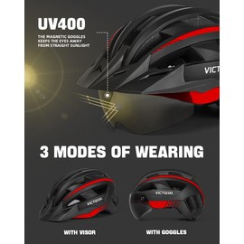 Victgoal Bike Helmet, MTB Mountain Bike Helmet with Magnetic Visor, Removable Sun Visor Cap and LED Rear Light, Cycling Helmet Racing Bike Helmet for Adults Men’s / Women’s (M: 54-58 cm – Black red)