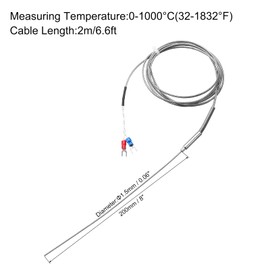 QUARKZMAN K Type Thermocouple Temperature Sensor Probe 1.5 x 200 mm 6.6 ft Wire 0 to 1000 °C (32 to 1832°F) Stainless Steel