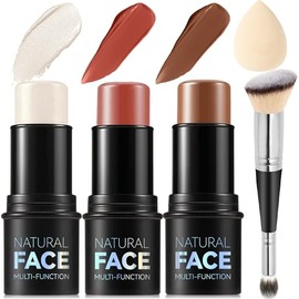 Kit de maquillaje en barra de contorno en crema de 3 piezas, tonos con barra iluminadora, barra de rubor y barra de contorno bronceador para esculpir 