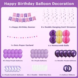 Purple Happy Birthday Party Decorations Set for Women Girls, Pre-Strung Happy Birthday Sign Banner, Purple Balloons, Tissue Paper Pom Poms, Circle Dot Garland, Hanging Swirls for Birthday Party