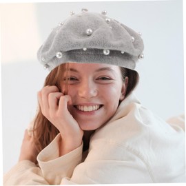 TOVINANNA Women Pearl Wool Beret Vintage Bowknot Berets Fashion Tartan Beanie Hat for Winter Light Grey