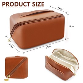 Cosmetic Bag, Large Capacity Travel Makeup Bag, PU Waterproof Storage Cosmetic Bag, Women Portable Travel Makeup Bag with Handle and Divider Flat Lay Makeup Organizer Bag (Brown)